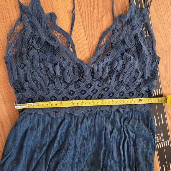 Free People One Strappy Adella Dress Womens Large Slate Teal Ruffle Maxi Large - Picture 5 of 9